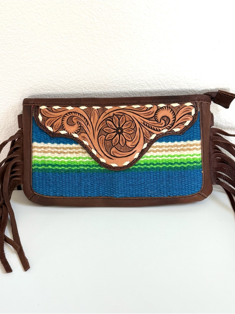 NWT Fringed Leather & Woven Blue Western Clutch/Cross Body